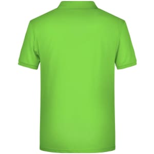 A bright green men's basic polo shirt featuring a collar and short sleeves, with a logo on the back.
