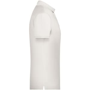 A white men's basic polo shirt with a collar and short sleeves, featuring a logo on the side.