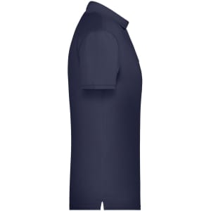 A navy blue men's basic polo shirt with a collar and short sleeves. It features a logo on one side.