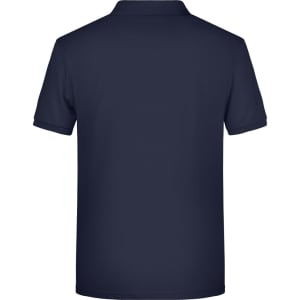 A navy blue men's basic polo shirt with a classic collar and a simple design, featuring a logo on the back.