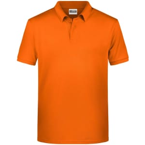 An orange men's basic polo shirt with a classic collar, featuring a logo on the chest area.