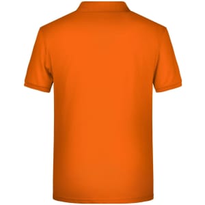 An orange men's basic polo shirt, featuring a classic design with a collar and a logo on the back.
