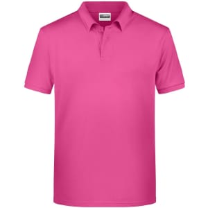 A pink men's polo shirt featuring a collar and short sleeves, with a logo on the chest area.