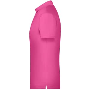 A pink men's basic polo shirt featuring short sleeves and a classic collar, with a logo on the chest.