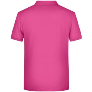 A pink men's polo shirt with a classic design, featuring a collar and short sleeves. It has a logo on the back.