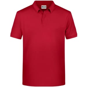 A red polo shirt with a classic collar and short sleeves. It features a logo on the chest area.