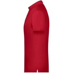 A red men's basic polo shirt, featuring a collar and short sleeves, displayed from a side angle.
