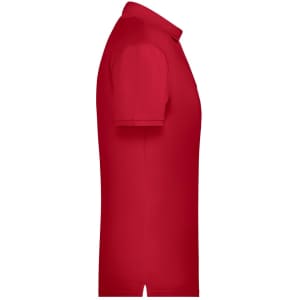 A red men's polo shirt featuring short sleeves and a collar. It has a logo on the chest.