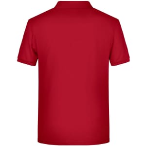 A red men's polo shirt featuring a classic collar and short sleeves, with a branding logo on the back.