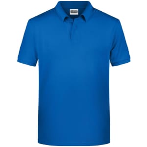 A blue men's basic polo shirt with a collar and short sleeves, featuring a logo on the chest.