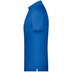 A blue men's basic polo shirt viewed from the side, featuring a collar and short sleeves, with a logo present.