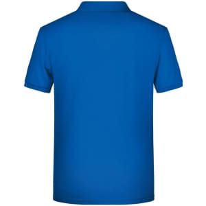 A blue men’s basic polo shirt featuring a collar and short sleeves, with a branding logo.