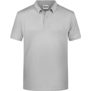 A grey men's basic polo shirt featuring a collar and a logo on the chest.