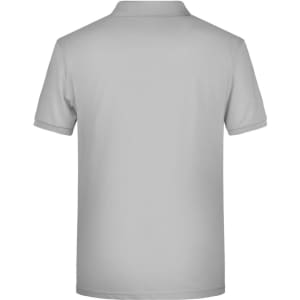 A plain grey men's polo shirt with a collar and short sleeves, featuring a logo on the back.