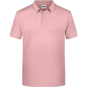 A pink men's polo shirt featuring a collared neckline and short sleeves, with a branding logo.