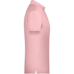 A pink men's basic polo shirt featuring a collar and short sleeves, with a branding logo.