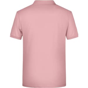 A plain pink mens polo shirt featuring a collar and short sleeves, with a logo on the back.