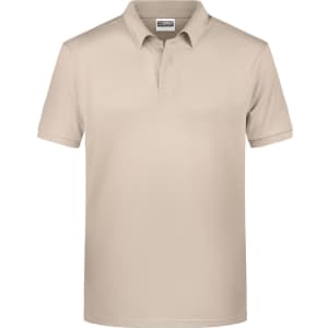 A beige men's basic polo shirt with a classic collar and short sleeves, featuring a logo on the side.