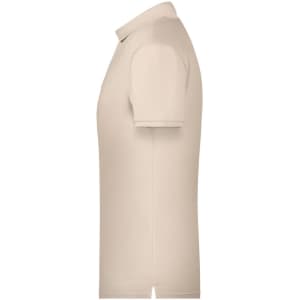 A beige men's basic polo shirt with a classic collar and short sleeves, featuring a logo on the chest.