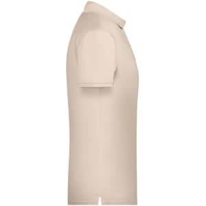 A beige men's basic polo shirt with short sleeves and a classic collar, featuring a logo on the chest.