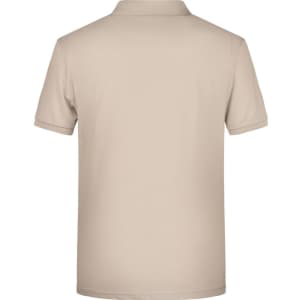 A beige men's basic polo shirt with a classic collar and short sleeves, featuring a logo on the back.