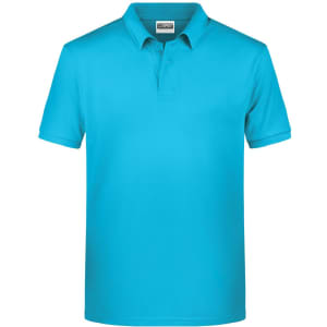 A turquoise polo shirt for men with a classic collar and a logo on the chest.