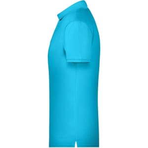 A turquoise men's basic polo shirt with a collared neckline and short sleeves, featuring a logo.