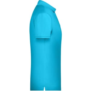 A turquoise men's polo shirt featuring a collar and short sleeves, with a branding logo.