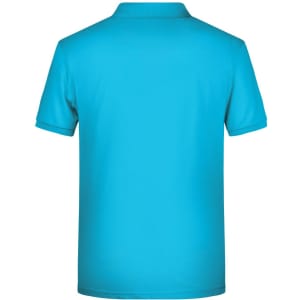 A back view of a turquoise men's polo shirt featuring a collar and short sleeves, with a logo on the side.