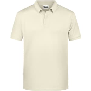 A men's basic polo shirt in cream, featuring a collar and short sleeves, with a logo on the chest.