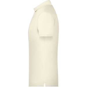 A men's basic polo shirt in cream, featuring short sleeves and a side vent. It has a logo on the chest.