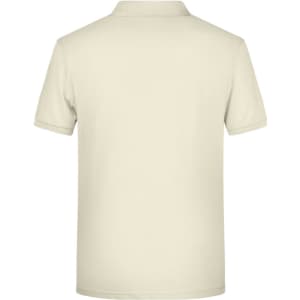 A men's basic short-sleeve polo shirt in a light beige colour, featuring a back view and a logo.