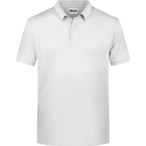 A plain white men's basic polo shirt with a collar and short sleeves. Features a subtle logo.