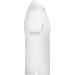 A white men's basic polo shirt displayed from the side, featuring short sleeves and a collar, with a logo.