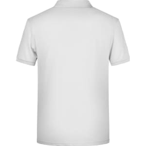 A white men's basic polo shirt featuring a classic design and a collar, with a logo on the back.