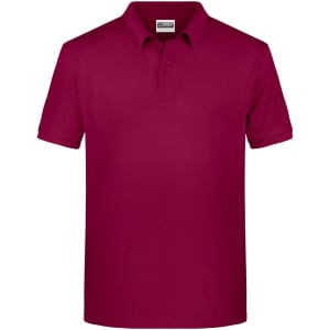 A burgundy men's basic polo shirt with a collar and short sleeves, featuring a logo on the chest.