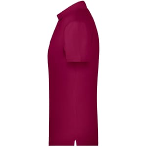 A side view of a men's basic polo shirt in a rich burgundy colour, featuring a collar and short sleeves, with a logo.