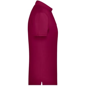 A maroon men's basic polo shirt featuring short sleeves and a collar, with a logo on the chest.