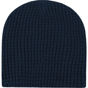 A navy waffle-patterned beanie with a soft, textured appearance and no visible logos.