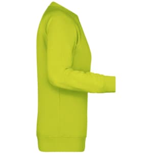 A bright green jumper with long sleeves, featuring a ribbed neck and cuffs, and a logo on the sleeve.