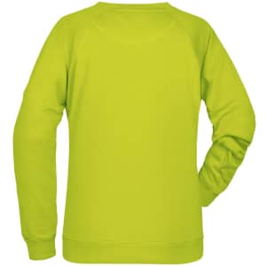 A vibrant lime green ladies’ sweatshirt featuring long sleeves and a rounded neckline, with a logo present.