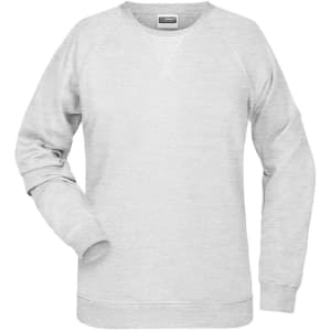 A light grey ladies' sweater with a classic crew neckline and long sleeves, featuring a logo.