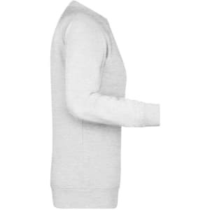 A grey ladies' sweater featuring a crew neck and long sleeves, displayed from the side. It has a subtle logo.