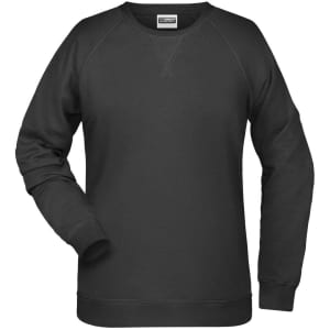 A black ladies' sweatshirt, featuring a crew neckline and long sleeves, presented with a plain design.