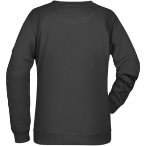 A black women's sweatshirt featuring long sleeves and a round neckline, with a logo on the back.
