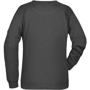 A dark grey ladies' sweater featuring a simple back design and long sleeves. It has a logo on the garment.