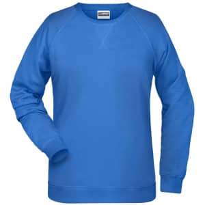 A blue ladies sweatshirt with long sleeves and a crew neckline, featuring a logo on the front.