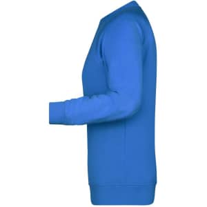 A blue sweater is displayed, featuring a classic design with long sleeves and a crew neck. It has a branding logo.