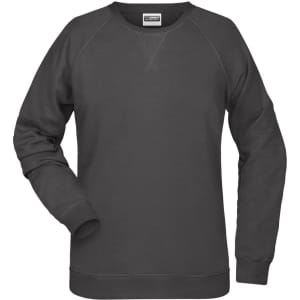 A dark grey ladies' sweater with a round neckline and long sleeves, featuring a logo on the front.
