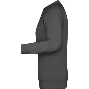 A grey ladies' jumper with long sleeves and ribbed cuffs, featuring a logo on the side.